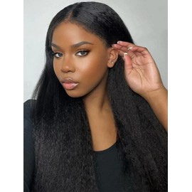 MENTOR 4C Edges Kinky Straight Lace Front Wigs Human Hair Yaki Stairght 13x4 HD Transparent Lace Frontal Kinkystraight Wigs with Curly Edges Hairline Pre-Plucked 180% Density 16 inch