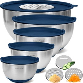 Priority Chef Stainless Steel Mixing Bowls with Lids Set, 3 Grater Attachments, Airtight Lids, Non-Slip Silicone Base Mixing Bowl Set, Large Prep Metal Mixing Bowls for Kitchen, Blue