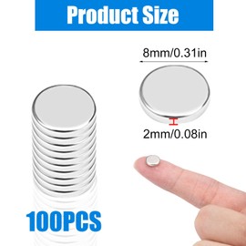Pack of 100 Small Magnets, 8 x 2 mm Mini Magnets Round Strong Flat Mini Neodymium Magnets, Small Magnet, Round Neodymium Strong, Extra Neodymium Magnet Round for Whiteboard, Pin Board, Fridge