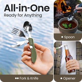 Orblue 4-in-1 Camping Utensils, 1-Pack, Portable Stainless Steel Spoon, Fork, Knife & Bottle Opener Combo Set - Travel, Backpacking Cutlery Multitool Olive Green
