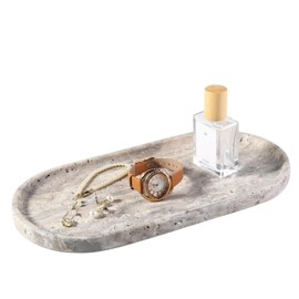 Koville Natural Travertine Tray for Bathroom Countertop, 12"x6" Vanity Decorative Marble Tray for Perfume, Candles, Jewelry, Stone Catchall Trays Jewelry Dish, Silver Stone Trays for Kitchen Counter