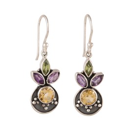 NOVICA Artisan Handmade Multigemstone Dangle Earrings 3carat from India Sterling Silver Citrine Amethyst Peridot Birthstone [1.5 in L x 0.4 in W x 0.1 in D] ' Glittering Melody'