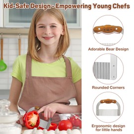 ZLemma Crinkle Cutter Knife for Kids Slicer Veggies & Fruits with Safe Rounded Tip, Bear-Shape Wavy Cutter with Rosewood Handle & Japanese 420J2 Stainless Steel Blade