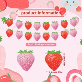 4-Strand Strawberry Banner – Pink and Red Strawberry Garland for Berry Birthday, Picnic Party, Baby Shower, and Summer Fruit Theme Decor