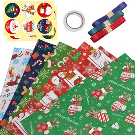 MORAINJAY 6 Sheets of Christmas Wrapping Paper, 50 x 70 cm, Christmas Wrapping Paper, 6 Different Patterns, Coated Wrapping Paper, Christmas Set with Stickers, Ribbon for Gift Wrapping