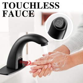 CDLODIN Black Touchless Bathroom Vanity Faucet, Automatic Sensor Modern Sink Faucets with Hole Cover Plate, Commercial Hands Free Faucet Stainless Steel, Motion Sensor Faucet