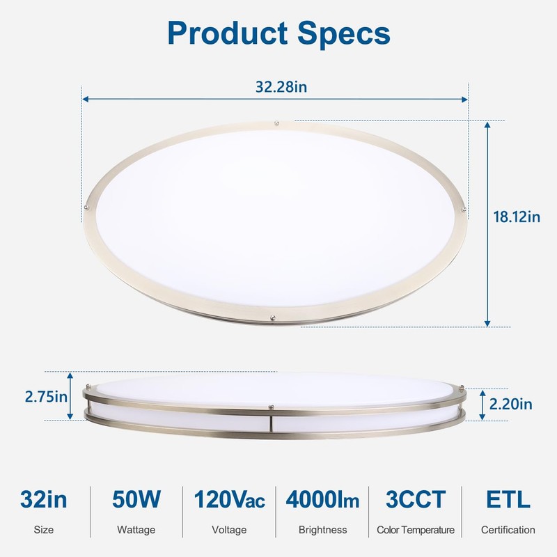 DAKASON 32In Oval LED Flush Mount Light for Kitchen/Living Room,