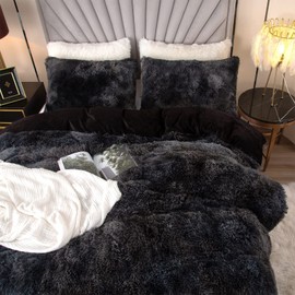 EMME Luxury Fuzzy Duvet Cover Set Twin Size Fluffy Comforter Cover Set for Twin Bed Shaggy and Plush Soft Bedding Duvet Covers (Dark Grey, Twin)