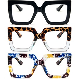 REAVEE 3 Pack Oversized Reading Glasses for Women Large Frame Extra Wide, Blue Light Blocking Readers Stylish Square Thick Eyewear, Black+Leopard Blue+Blue Yellow, 1.75