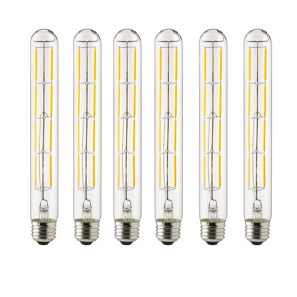 Sunlite 41151 LED Filament T10/T30 Tubular Light Bulb, 6 Watts (60W Equivalent), 570 Lumens, Medium E26 Base, Dimmable, 222 mm, 90 CRI, UL Listed, 2200K Amber, 6 Pack