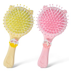 2Pcs Toddler Hair Brush, Toddler Detangler Brush & Cat Paw Handle, Cartoon Air Cushion Hair Brush, Pink Yellow Smooth Glide Hair Comb for Girls