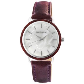 Excellanc Women's Watch Imitation Leather Watch Wooden Ring Analogue Quartz 1900244, Bordeaux/silver, Strap.
