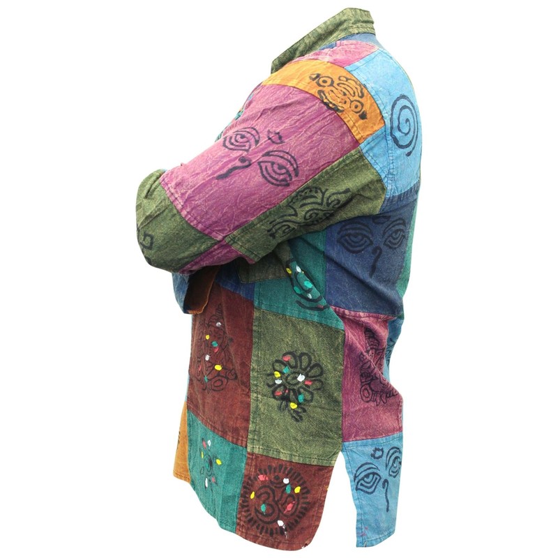SHOPOHOLIC FASHION Men's Acid Washed Colourful Patchwork Hippie Grandad Shirt
