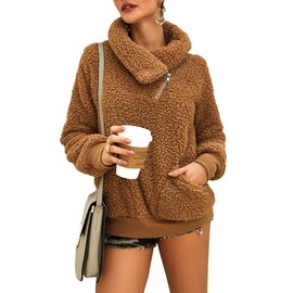 KIRUNDO Women's 2024 Winter Lapel Fuzzy Fleece Sweatshirt Faux Shearling Zipper Warm Sherpa Pullover Outwear With Pockets(X-Large, Khaki)