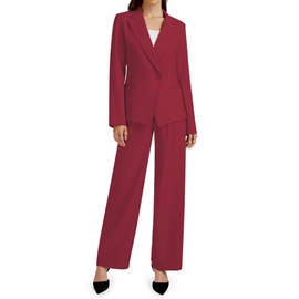 Casly Lamiit Womens Sets 2 Piece Outfits Business Casual Pantsuit Notched Collar Blazer Jacket Palazzo Pants Matching Set Dressy Wedding Spring Clothing Wine Red XL