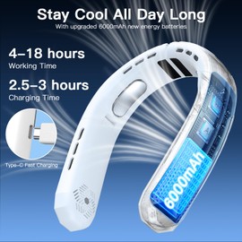 Portable Neck Fan, 6000mAh Battery Neck Fan Rechargeable 360° Cooling Personal Fan 3 Speeds Foldable Quiet Wearable Fan for Travel Outdoor Indoor, Birthday Gifts for Men Women Grey