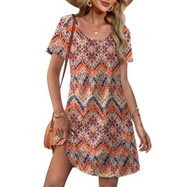 OFEEFAN Summer Boho Dresses for Women Beach Vacation Fashion 2025 U Neck Coverup Beach T Shirts Dress wih Pockets Casual Sundresses 2025 Floral 01 XL