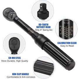 BULLTOOLS 1/4 Inch Drive Click Torque Wrench Set, 90-tooth Bike Torque Wrench 2.26-22.6Nm/20-200In.lb Dual-Direction Inch Pound Torque Wrench, TW08-01