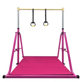 Peakpath Foldable Gymnastics Kip Bar with Mat and Ring Set,3' to 5' Height Adjustable,Kids Gymnastic Equipment for Ages 3-15,Indoor and Home Training- Max Load 260LBS