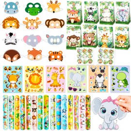 BACH AND BOUJEE Jungle Safari Party Bags Children's Birthday Animals Party Bags Gift Bags Favours Stickers Snap Bracelet Keyring for Boys Girls