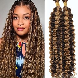 Human Braiding Hair Deep Wave Bulk Human Hair for Braiding 4/27 Honey Blonde No Weft Curly Braiding Hair Extensions for Boho Braids Wet and Wavy Braiding Human Hair Bundles 14 Inch 100g
