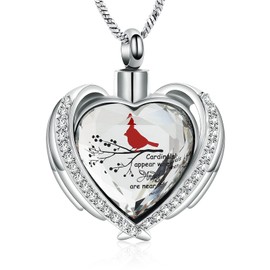 Yinplsmemory Red Cardinal Urn Ashes Necklace for Women Men Angel Wing Crystal Heart Urn Locket for Ashes Keepsake Memorial Cremation Jewelry