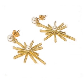 Big Star burst Earrings in Gold Color and Faux Pearls, Fireworks stud and Dangle Earrings for Women and Girls
