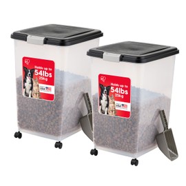IRIS USA Airtight Dog Food Storage Container, Up to 54 lbs, Attachable Wheels, For Dog Cat Bird and Other Pet Food Storage Bin, Keep Fresh, Translucent Body, Easy Mobility, 2 Pack, Black