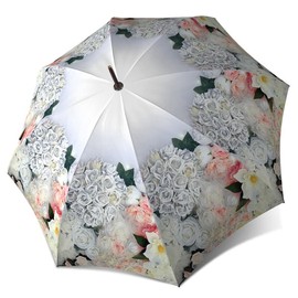 Large Windproof White Roses Floral Umbrella - Stick Fashion Umbrella with J Handle for Rain Sun or Wedding