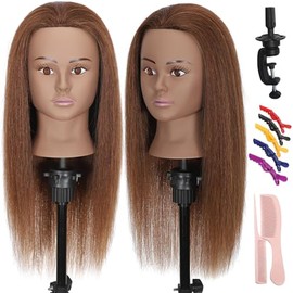 Cabeza de maniquí de 45 cm con cabello 100% real, liso, de piel morena, para práctica de trenzado, cosmetología y estilismo (marrón)