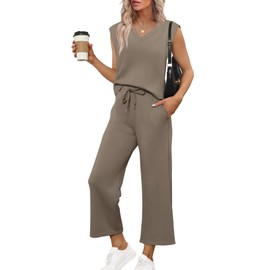 SAMPEEL Two Piece Sets for Women Summer Outfits Travel Airport Outfits Trending Soft Lounge Sets for Women Going Out Top Sweatsuits Coffee M