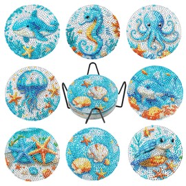 Lxmsja 8 Pcs Ocean Marine Life Diamond Art Coasters Crafts Kits with Holder for Adults