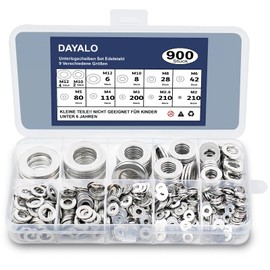 Dayalo 900 Piece Washers Set Stainless Steel Flat Washers, Washers Assortment Total 9 Different Sizes M2 M2.5 M3 M4 M5 M6 M8 M10 M12, Metal Washers for Screws, Nuts