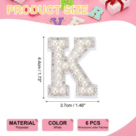PATIKIL Strass-Buchstaben-Aufnäher, 6 Stück, Anfangsbuchstabe K, selbstklebender Aufnäher, bestickter Stoff, 4,4 cm, Alphabet-Aufkleber für Kleidung, Hüte, Make-up-Taschen, DIY, Weiß