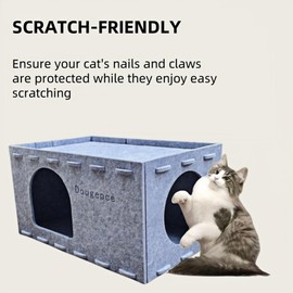 Cat House for Indoor Cats Large Cat Lounge Cave Bed Scratch Resistant Detachable Felt Cat Hideaway Bed for Cats up to 22 Lbs (Grey)