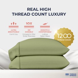 Thread Spread 100% Egyptian Cotton Pillow Cases King Size Set of 2 - Luxury 1200 Thread Count Sateen Sage Green Pillow Covers, Silky Soft Cooling Extra Long Staple Pillowcases, Fits King Size Pillows