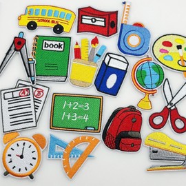 Attuslla 16 PCS School Supplies Theme Sewing Embroidered Appliques, Stationery Iron on Patches, Patch Sticker for Clothes, Hat, Jeans, DIY Accessories