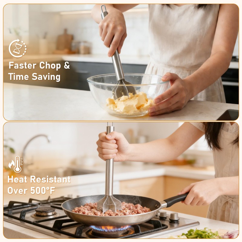 Meat Masher, Stainless Steel Ground Beef Masher 10.8Inch Potato Chopper