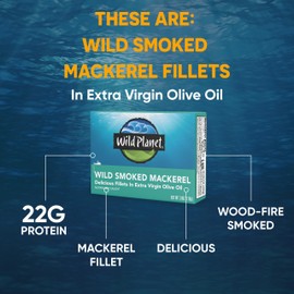 Wild Planet Wild Smoked Mackerel Fillets in Extra Virgin Olive Oil, Tinned Fish, Canned Salmon, Sustainably Wild-Caught, Non-GMO, Keto and Paleo, 3.9 oz, pack of 12