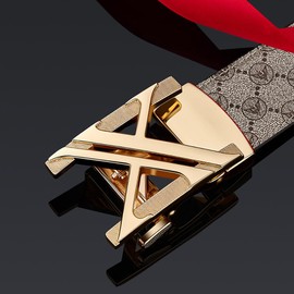 VANNANBA Men Designer Belts with Letter W Buckle， Y Buckle， Perfect for Casual Work, Dress, Gold Khaki 01, 36"-39" waist adjustable