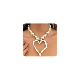 Y2k Heart Statement Necklaces for Women,Gold Stacked Large Heart Pendant Choker Necklaces,Trendy Baroque Pearl Beaded Layered Necklaces Jewelry Gifts (Gold2)