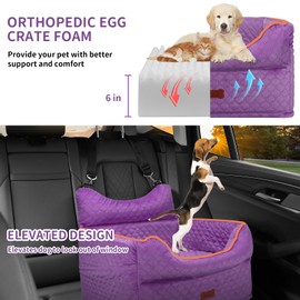 Dog Car Seat - Memory Foam Dog Booster Seat for Small Dogs Up to 25lbs-Elevated Pet Car Seat with Storage Pockets and Dog Seat Belt-Soft Pet Travel Bed for Front & Back Seats-Removable Washable-Purple