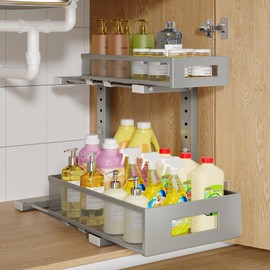 1 Pack-11.4"-16.14"H Under Sink Storage Organizer, Large 2-Tier Elegant Mesh Pull Out Shelf for Kitchen and Bathroom Cabinet Organization, L-Shaped and Adjustable Height Design for Maximum Space-Grey