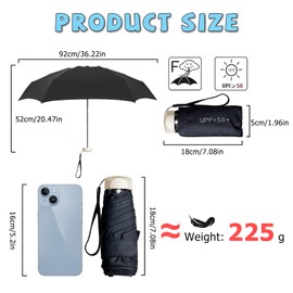 Mini Umbrella, 6 Ribs Portable UPF50+ Sunscreen Pocket Umbrella, Folding Travel Compact Umbrella Windproof Strong with Reinforced Umbrella Bone, Baking Paint Reinforced Handle and Storage Box