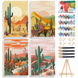 Offito 4 Pack Framed Paint by Numbers Kit for Adults Beginners with Wooden Easel, Cactus Easy Paint by Number Kit with Frame, Watercolor Adult Paint by Number Framed Canvas (8 * 12 Inch)
