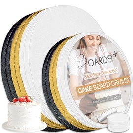 BOARDS+ BOARDS+ 12 Pack Cake Drums in 2 Sizes (10, 12 Inch) & in 3 Colors (White, Black, Gold) | 1/2" Thick Cake Rounds, Sturdy & Greaseproof | Free Prop Up Tools | Perfect For Heavy/Tiered Cakes