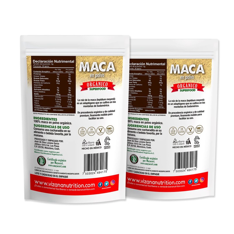 VIZANA NUTRITION | Maca Orgánica Certificada USDA en Polvo 300g