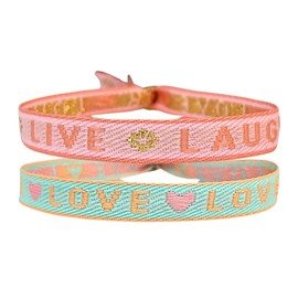 happymaker - Boho Schmuck Damen, 2er Set Stoffarmband mit Statement -Live Laugh & Love - für Frauen, wasserfest und handmade ind Deutschland, Armbänder mit vergoldeter Edelstahlperle