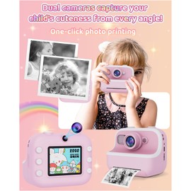 PTHTECHUS® Kids Camera Instant Print Laelr Children Digital Camera with 1080P HD Video 3 Rolls Print Paper 32GB Card 2.4 Inch Screen Toddler Digital Camera Portable Travel Toys for Boys Girls (Pink)