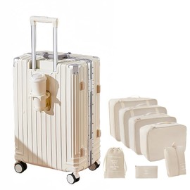 YANQIAO Aluminum Frame Carry-on Luggage, Hardside Carry-on Suitcase, Zipperless Suitcase, Spinner Luggage with Cup Holder and TSA Locks (White + Organizer Bags, Carry-On 24-Inch)